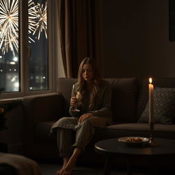 A very sad woman sitting alone on a couch in a dimly lit living room on New Year's Eve