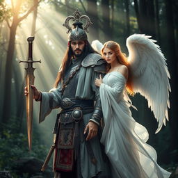 A majestic warrior dressed in ornate traditional armor stands confidently, holding a beautifully crafted kris dagger in one hand
