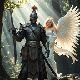 A majestic warrior dressed in ornate traditional armor stands confidently, holding a beautifully crafted kris dagger in one hand