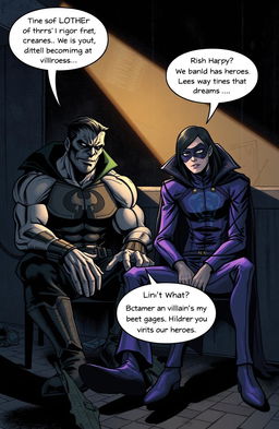 Two villains sitting in a dimly lit room, looking dejected and deep in thought