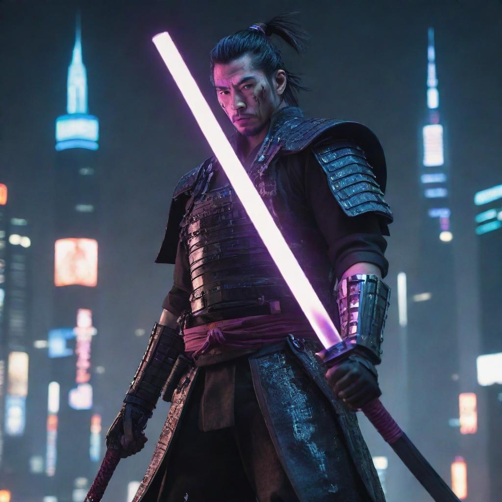 Create a high-definition image of a formidable cyberpunk samurai