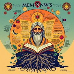 A captivating poster design showcasing a vibrant and artistic illustration inspired by the lessons of Memnon's Human Wisdom