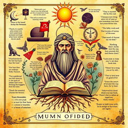 A captivating poster design showcasing a vibrant and artistic illustration inspired by the lessons of Memnon's Human Wisdom