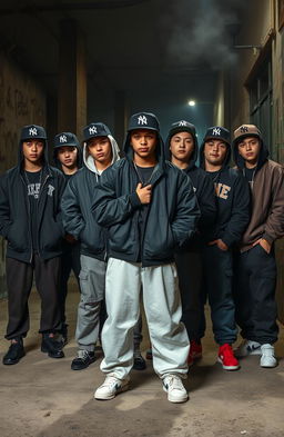 Seven senior high school students dressed as gangsters, each with distinct styles: oversized jackets, snapback hats, and baggy pants