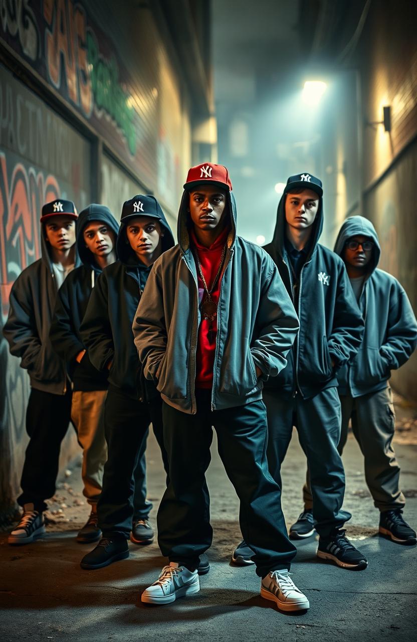 Seven senior high school students dressed as gangsters, each with distinct styles: oversized jackets, snapback hats, and baggy pants