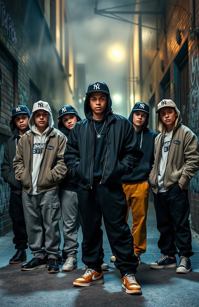 Seven senior high school students dressed as gangsters, each with distinct styles: oversized jackets, snapback hats, and baggy pants