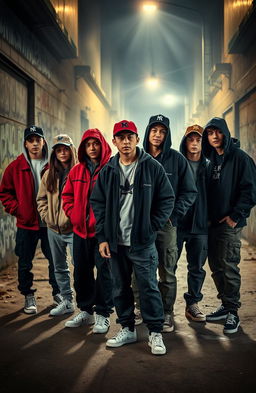 Seven senior high school students dressed as gangsters, each with distinct styles: oversized jackets, snapback hats, and baggy pants