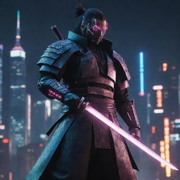 Create a high-definition image of a formidable cyberpunk samurai