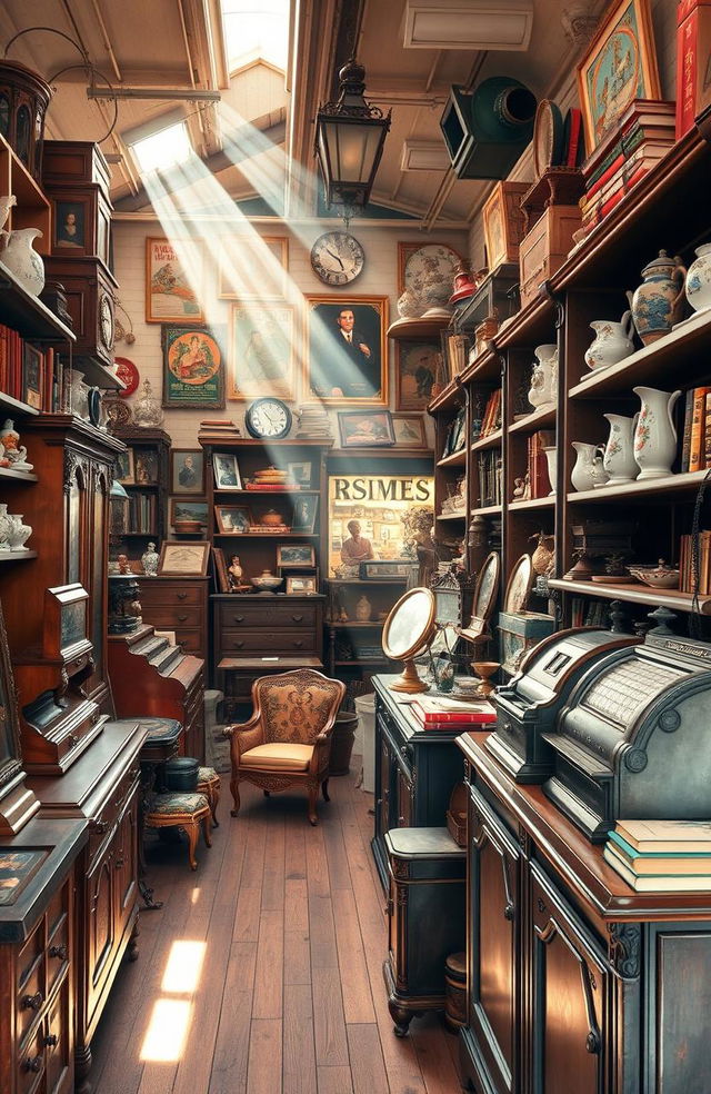 A charming antique shop filled with a variety of nostalgic items, including vintage furniture, old books, and classic toys