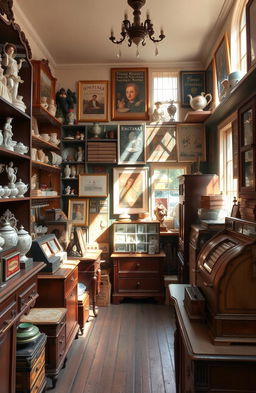 A charming antique shop filled with a variety of nostalgic items, including vintage furniture, old books, and classic toys
