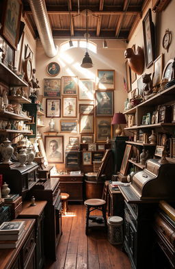 A charming antique shop filled with a variety of nostalgic items, including vintage furniture, old books, and classic toys