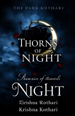 A dark and moody book cover for a novel titled 'Thorns of Night: The Dark Romance' by Krishna Kothari