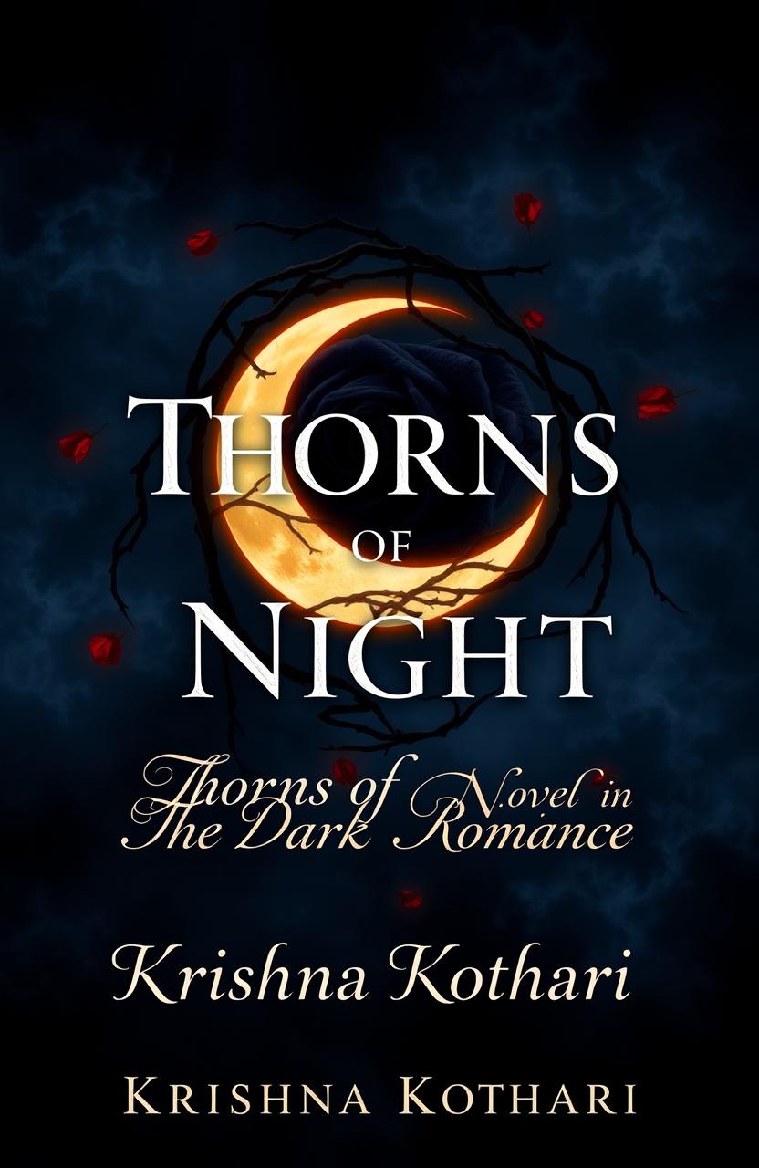 A dark and moody book cover for a novel titled 'Thorns of Night: The Dark Romance' by Krishna Kothari