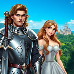 A handsome knight in shining armor, standing proudly, with a sturdy sword by his side
