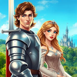 A handsome knight in shining armor, standing proudly, with a sturdy sword by his side
