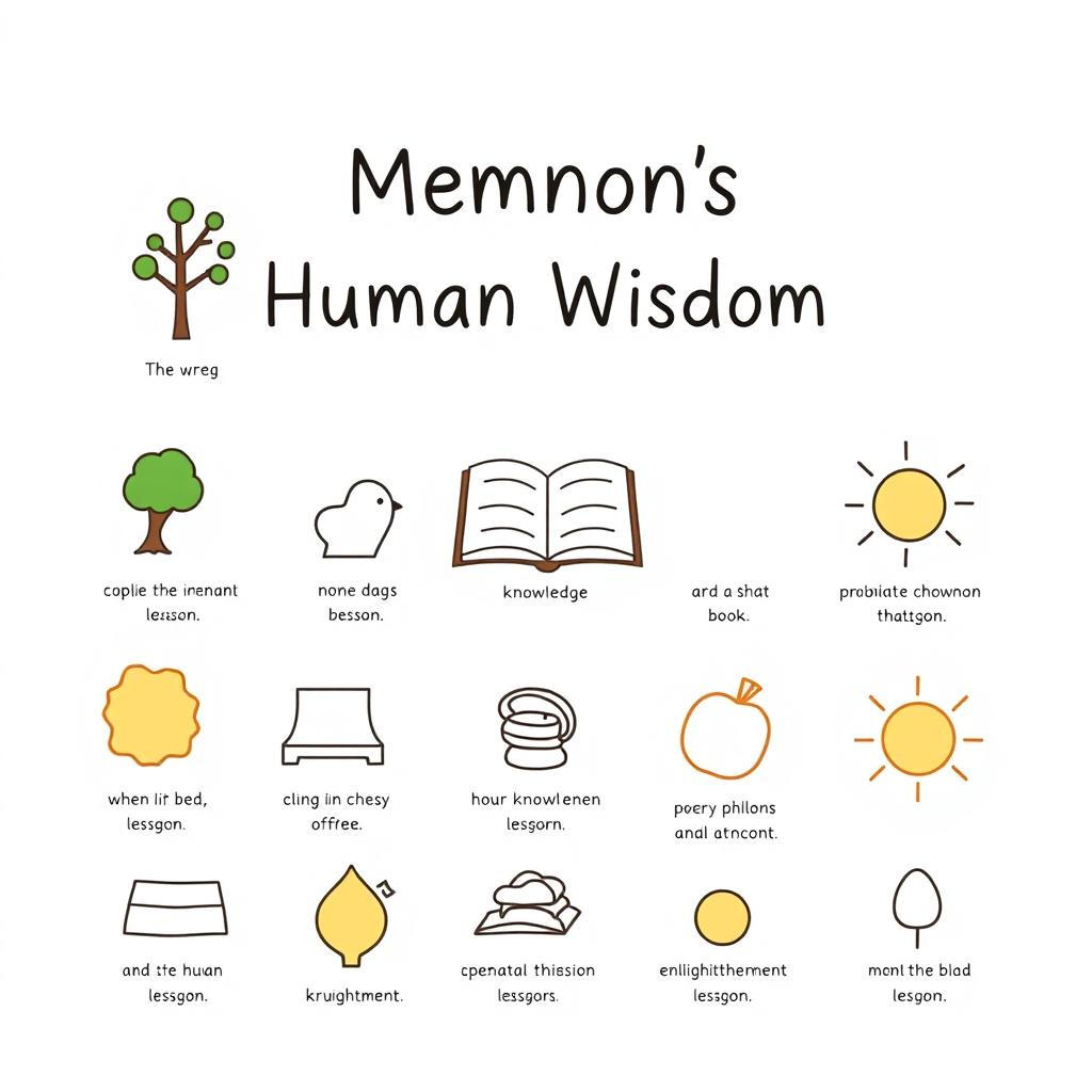 A simple yet impactful poster design featuring easily drawable elements that illustrate the lessons learned from Memnon's Human Wisdom