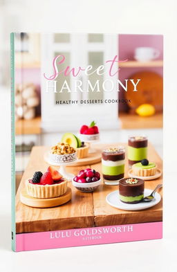 An appealing and vibrant book cover design for 'SWEET HARMONY: Healthy DESSERTS Cookbook' by Lulu Goldsworth