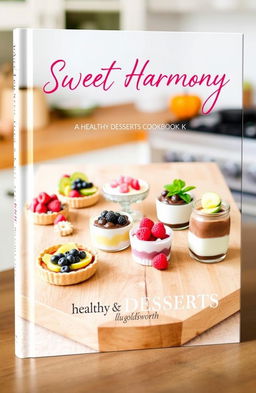An appealing and vibrant book cover design for 'SWEET HARMONY: Healthy DESSERTS Cookbook' by Lulu Goldsworth