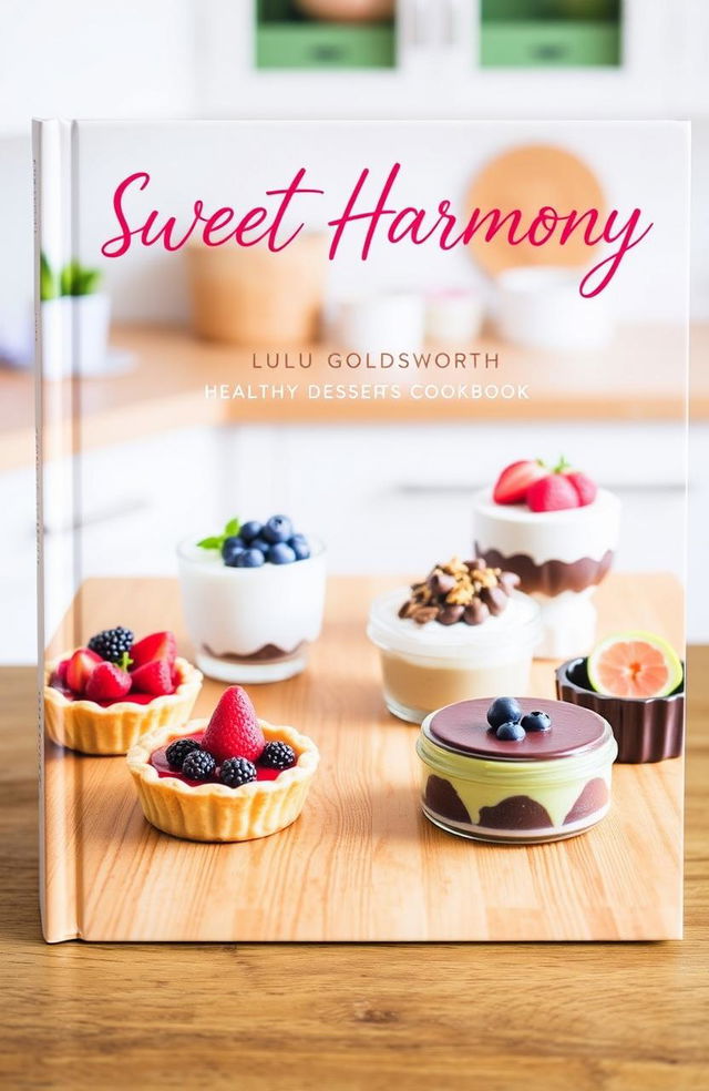 An appealing and vibrant book cover design for 'SWEET HARMONY: Healthy DESSERTS Cookbook' by Lulu Goldsworth