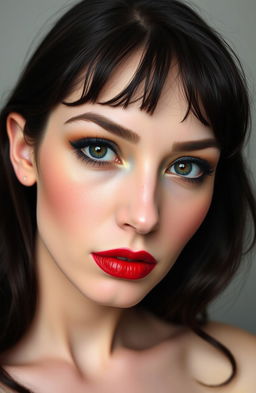 A portrait of a woman with a pale, smooth complexion and a slight blush on her cheeks, featuring full lips painted a deep red