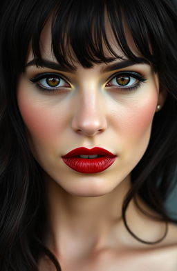 A portrait of a woman with a pale, smooth complexion and a slight blush on her cheeks, featuring full lips painted a deep red