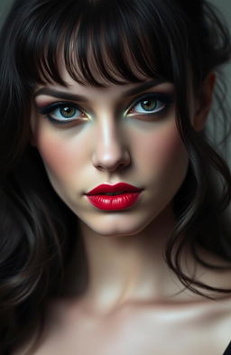 A portrait of a woman with a pale, smooth complexion and a slight blush on her cheeks, featuring full lips painted a deep red