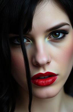 A portrait of a woman with a pale, smooth complexion and a slight blush on her cheeks, featuring full lips painted a deep red