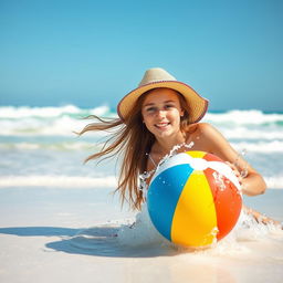 A beautiful beach scene featuring a teenage girl enjoying the sunlight and surf