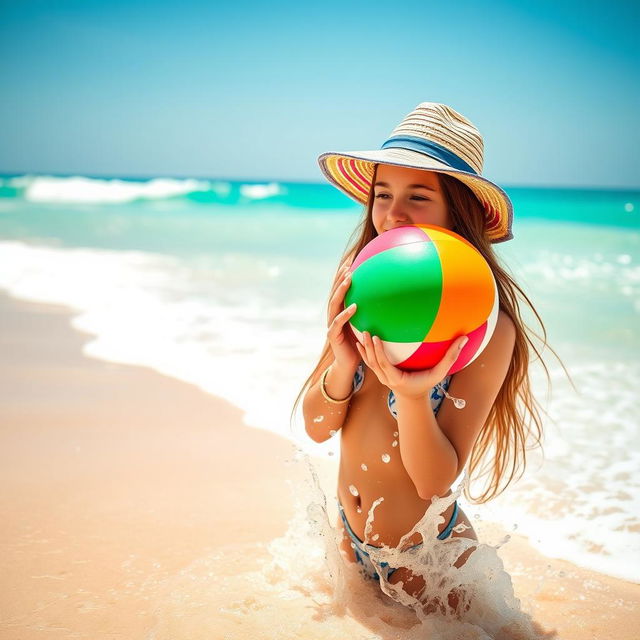 A beautiful beach scene featuring a teenage girl enjoying the sunlight and surf