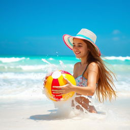A beautiful beach scene featuring a teenage girl enjoying the sunlight and surf