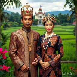 A regal portrait of a Prince and Princess of a Javanese Kingdom, dressed in traditional Javanese attire