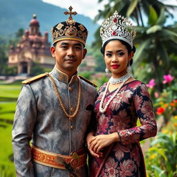 A regal portrait of a Prince and Princess of a Javanese Kingdom, dressed in traditional Javanese attire