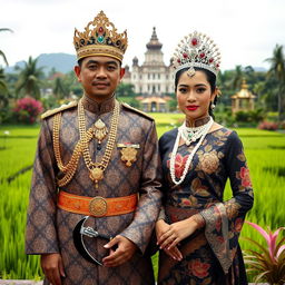 A regal portrait of a Prince and Princess of a Javanese Kingdom, dressed in traditional Javanese attire