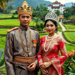 A regal portrait of a Prince and Princess of a Javanese Kingdom, dressed in traditional Javanese attire