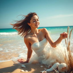 A serene beach scene depicting a young woman enjoying the ocean waves
