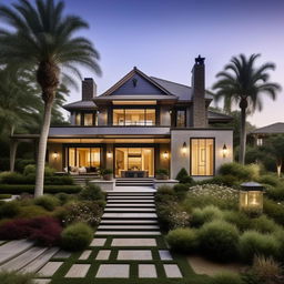 Generate a sophisticated house exterior image featuring a fusion of modern and traditional architectural designs. Use lush landscaping to enhance its beauty.