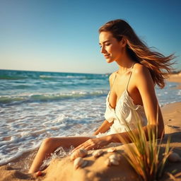 A serene beach scene depicting a young woman enjoying the ocean waves