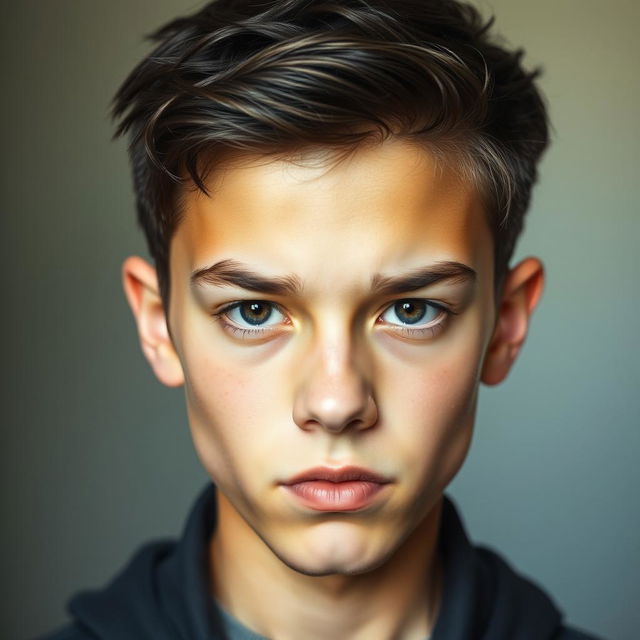 A portrait of a 17-year-old boy with sharp, well-defined facial features and a fair complexion