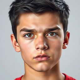 A portrait of a 17-year-old boy with sharp, well-defined facial features and a fair complexion