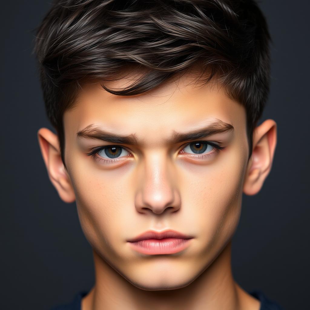 A portrait of a 17-year-old boy with sharp, well-defined facial features and a fair complexion