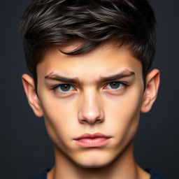 A portrait of a 17-year-old boy with sharp, well-defined facial features and a fair complexion