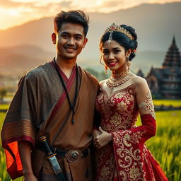 A romantic scene depicting a young man from the island of Java in ancient times standing alongside a beautiful Javanese princess