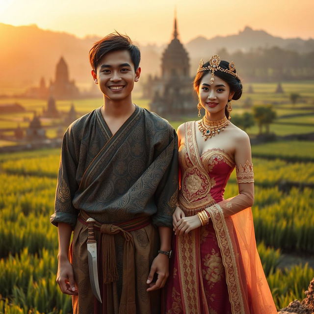 A romantic scene depicting a young man from the island of Java in ancient times standing alongside a beautiful Javanese princess