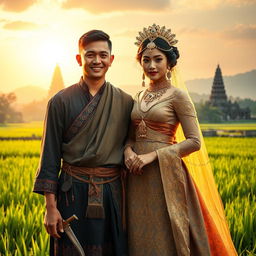 A romantic scene depicting a young man from the island of Java in ancient times standing alongside a beautiful Javanese princess