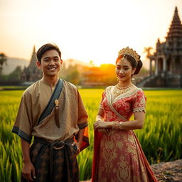 A romantic scene depicting a young man from the island of Java in ancient times standing alongside a beautiful Javanese princess