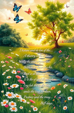 A beautifully illustrated poem about nature, featuring delicate flowers blooming in a vibrant meadow, a tranquil stream reflecting the golden sunset, and lush green trees swaying gently in the breeze