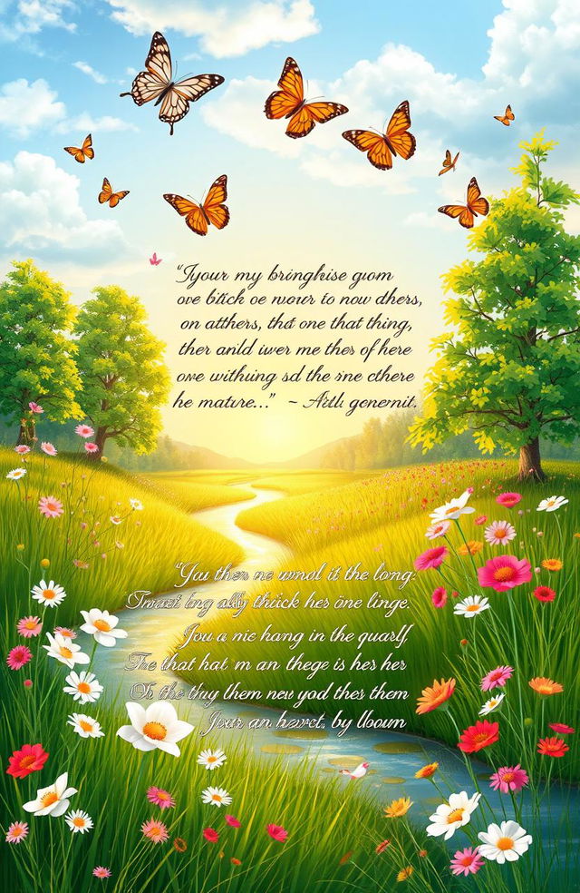 A beautifully illustrated poem about nature, featuring delicate flowers blooming in a vibrant meadow, a tranquil stream reflecting the golden sunset, and lush green trees swaying gently in the breeze