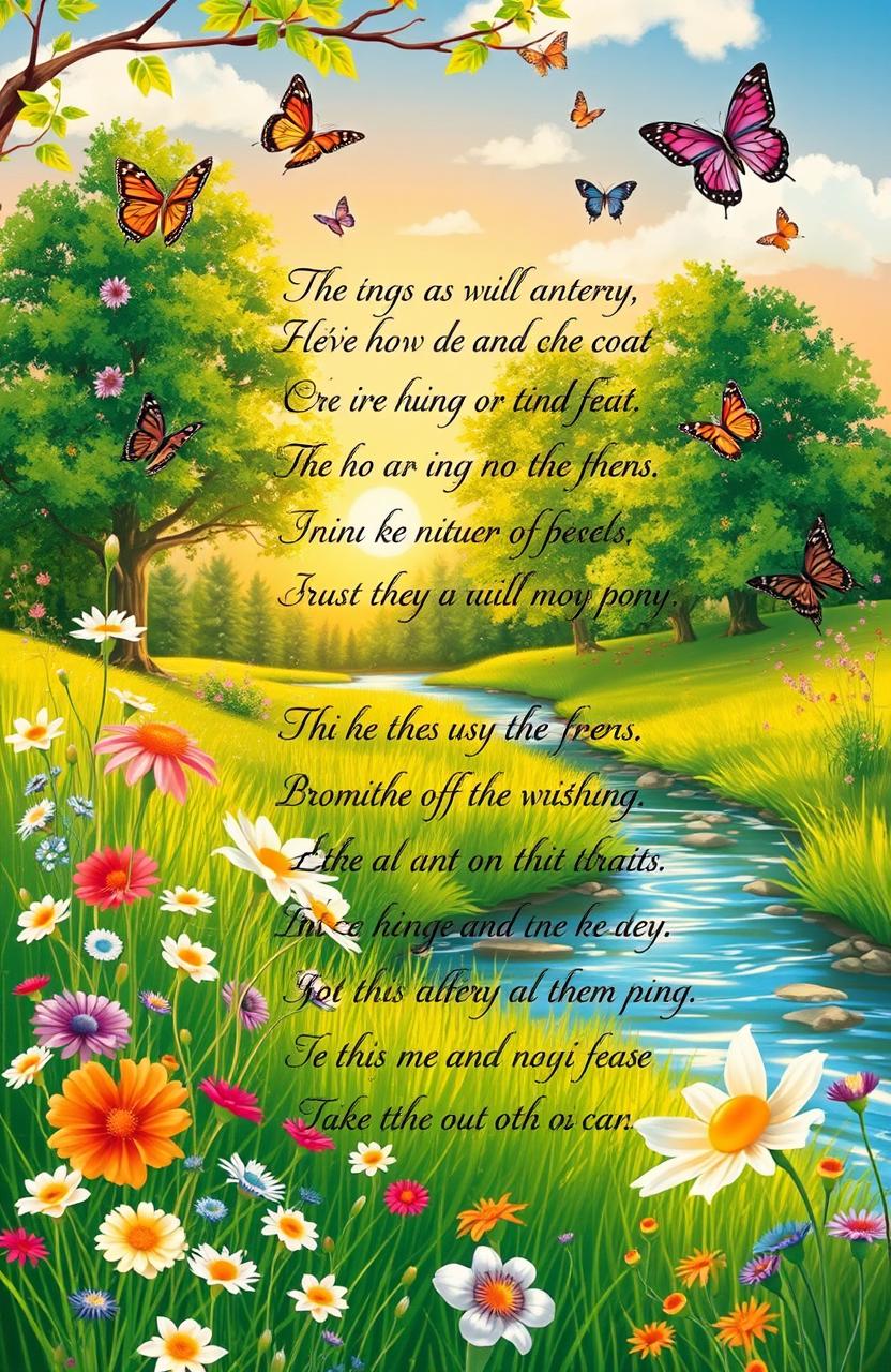 A beautifully illustrated poem about nature, featuring delicate flowers blooming in a vibrant meadow, a tranquil stream reflecting the golden sunset, and lush green trees swaying gently in the breeze