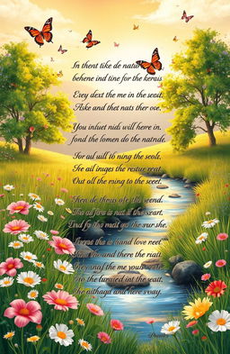 A beautifully illustrated poem about nature, featuring delicate flowers blooming in a vibrant meadow, a tranquil stream reflecting the golden sunset, and lush green trees swaying gently in the breeze