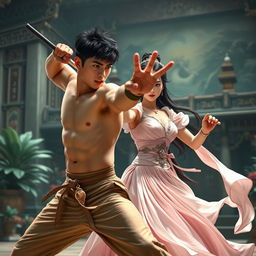 A handsome Asian youth engaged in an intense martial arts fight, showcasing his athletic physique and fierce determination